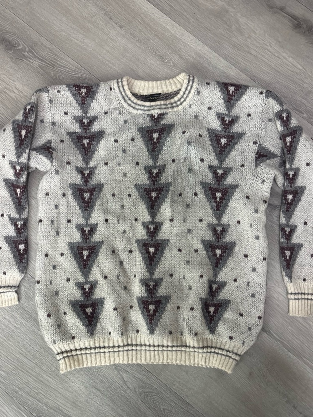 Cream Geometric Pattern Crewneck Sweater
